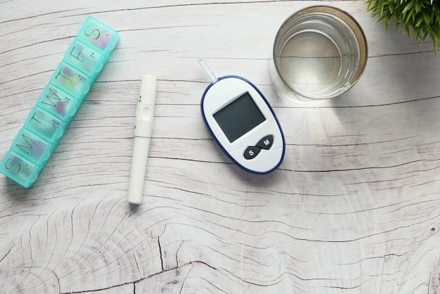 A flat lay of a white wooden table with a blue pill organizer, a white insulin pen, a glucose meter, and a glass of water.
