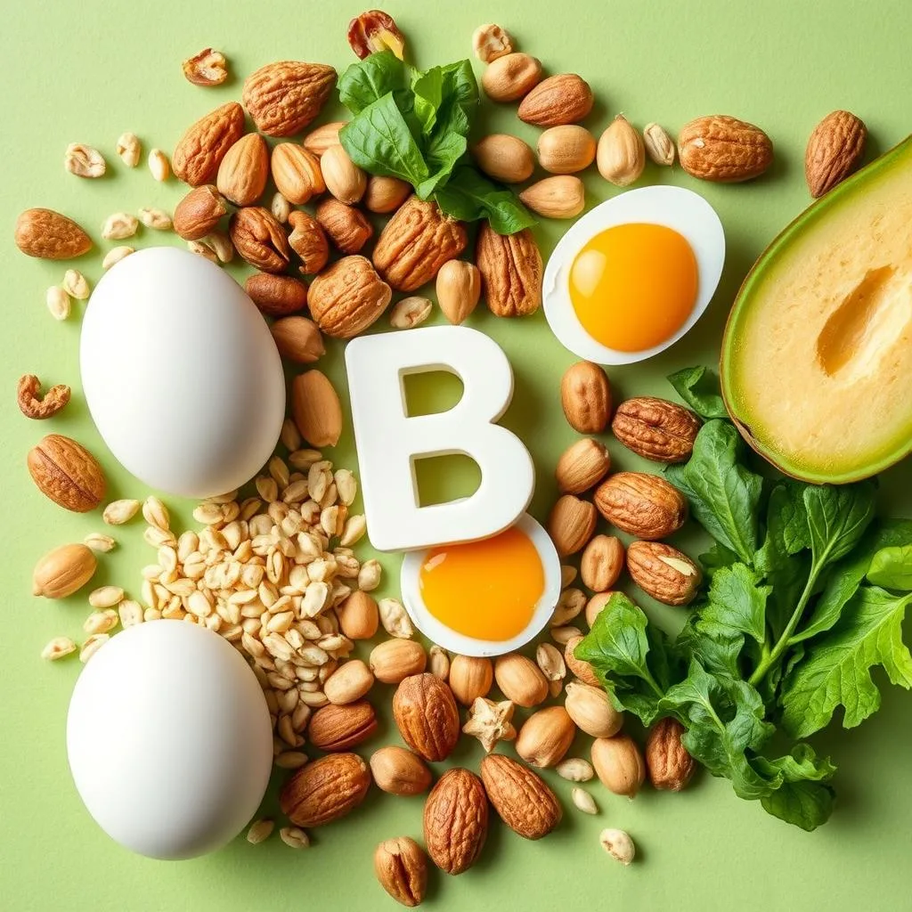 Assortment of B Vitamin rich foods like whole grains, nuts, and eggs